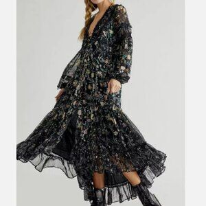 FREE PEOPLE Cassis Printed Ruffles Flowy Chiffon Maxi Dress